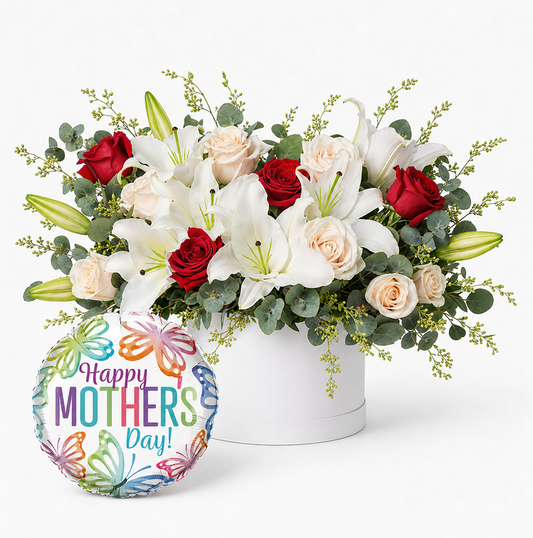 Luxury Mother's Day Lilies & Roses Hatbox Arrangement with Balloon