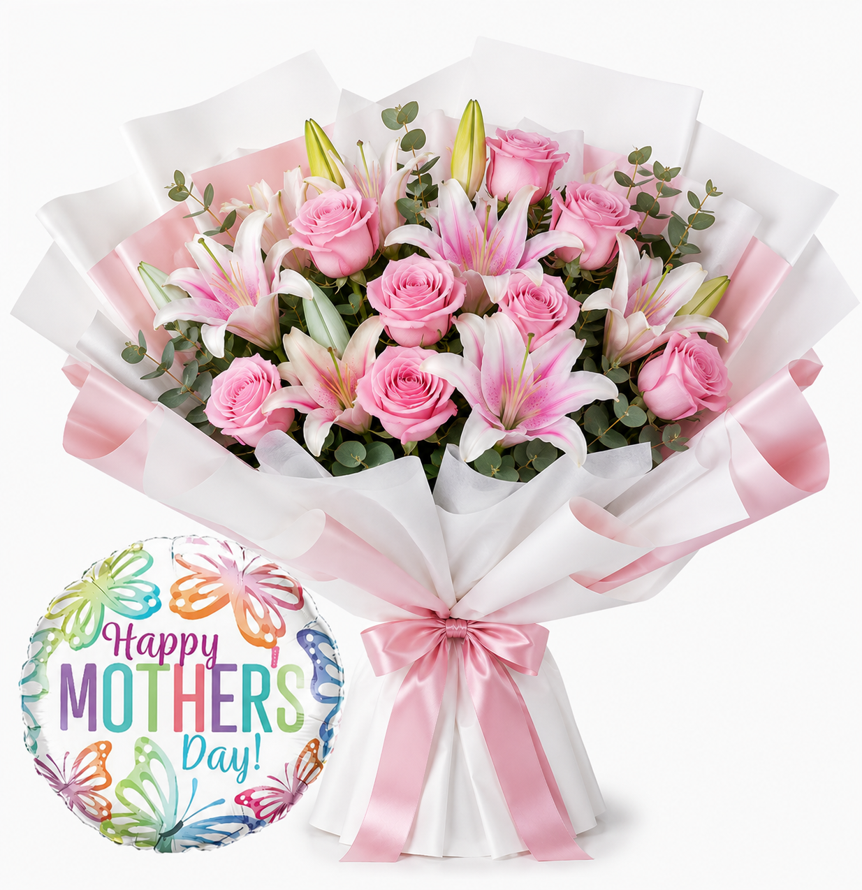 Luxury Pink Roses & Lilies Birthday Bouquet with Balloon