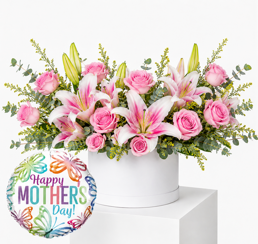 Luxury Pink Roses & Lilies Mother's Day Hatbox Arrangement with Balloon