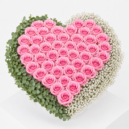 50 Premium Pink Roses Heart Arrangement with gypsophila & Greenery