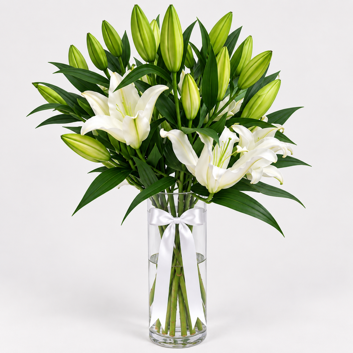 10 Fresh White Lilies in Glass Vase