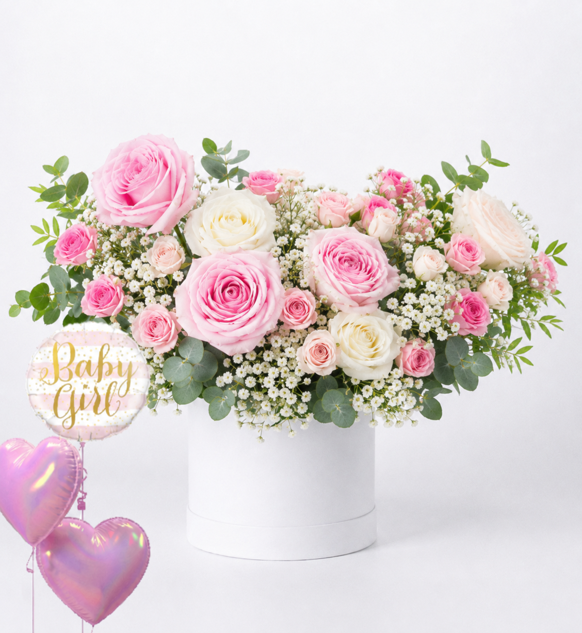 Baby Girl Pink & White Rose Box with Balloons