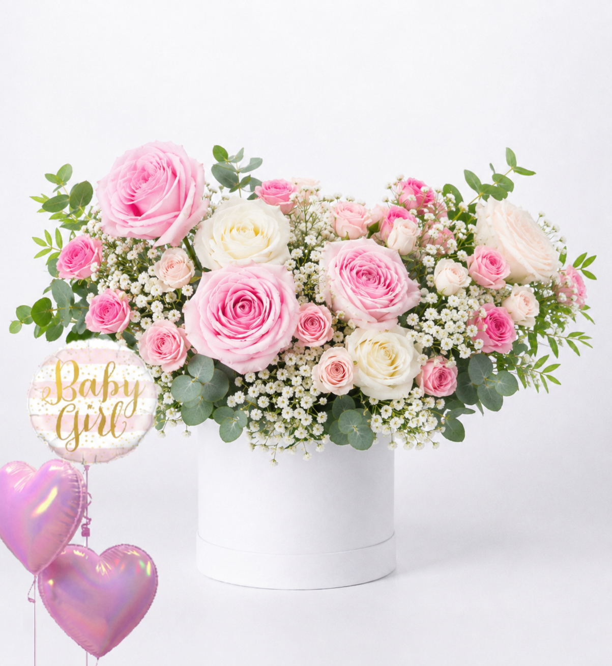 Baby Girl Pink & White Rose Box with Balloons