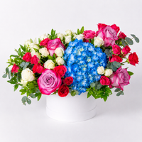 Royal Blue Hydrangea Floral Arrangement - Baby Roses Flower Box