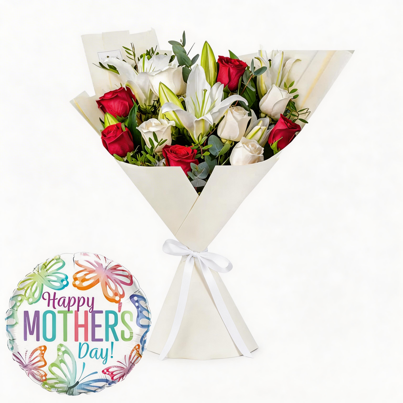 Mother’s Day Elegant White Lily & Rose Bouquet with Balloon