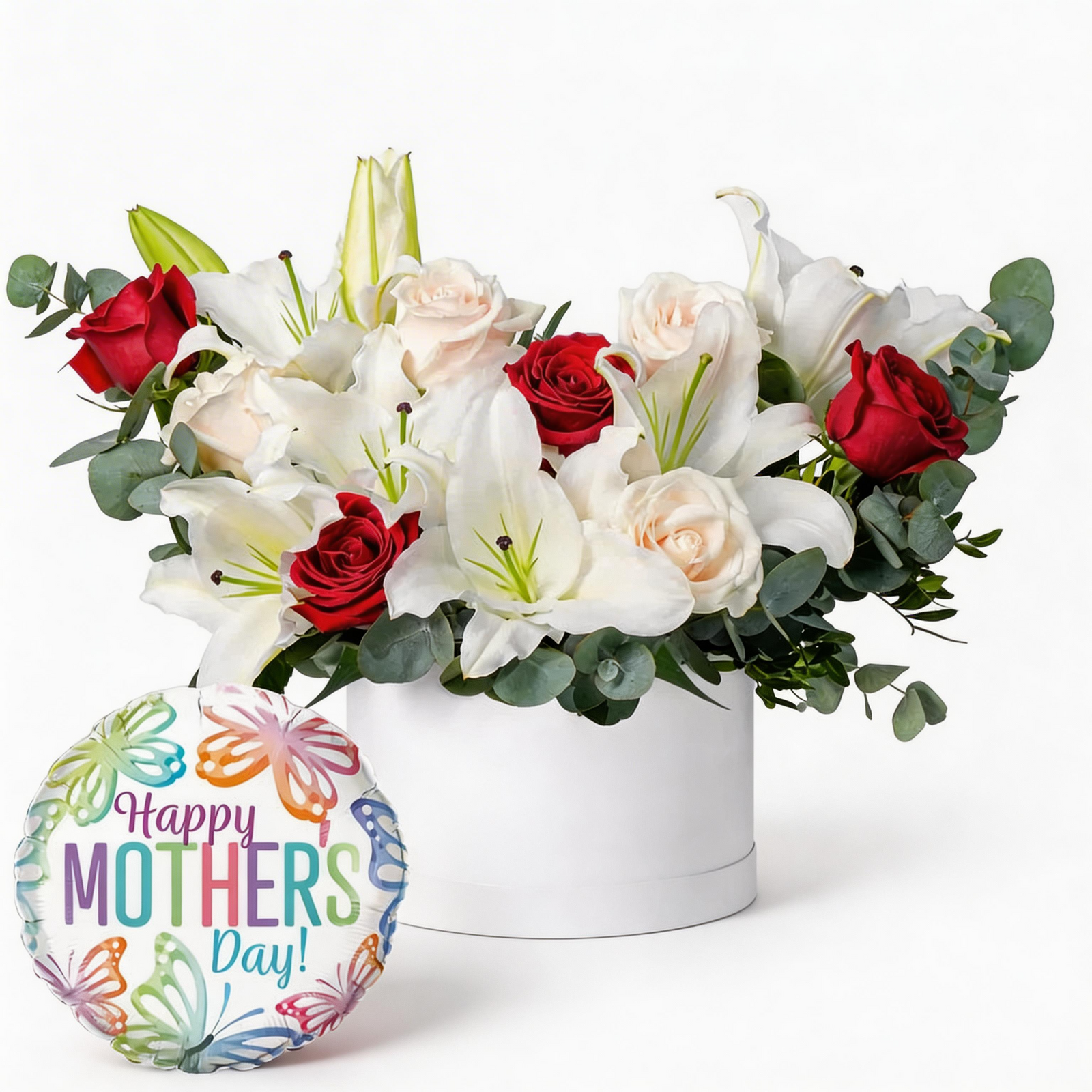 Elegant White Lily & Rose Hatbox Arrangement with Eucalyptus Accent