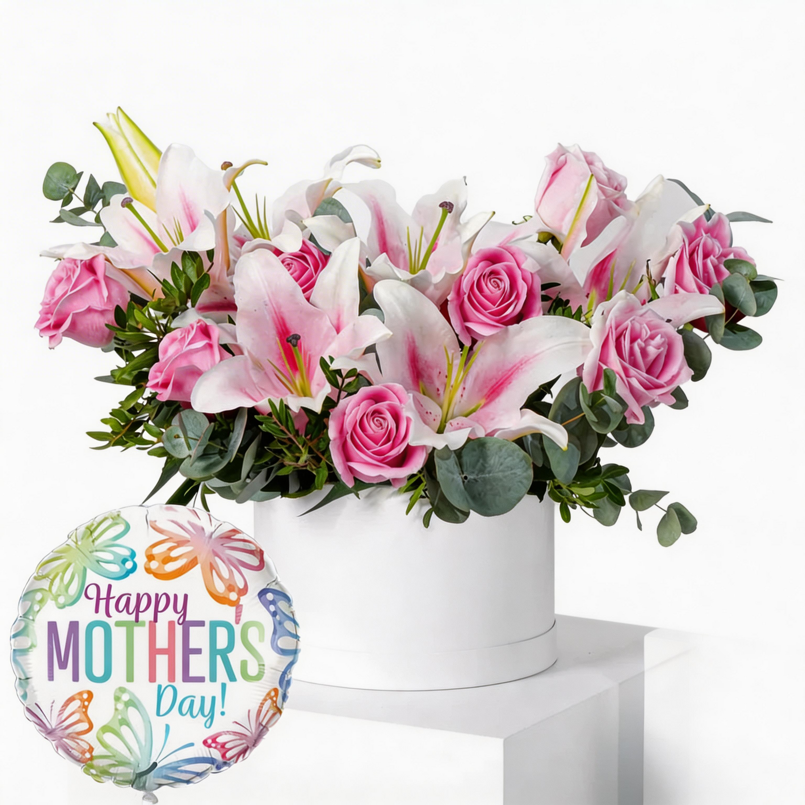 Elegant Pink Rose & Lily Hatbox Arrangement with Complimentary Celebration Balloon