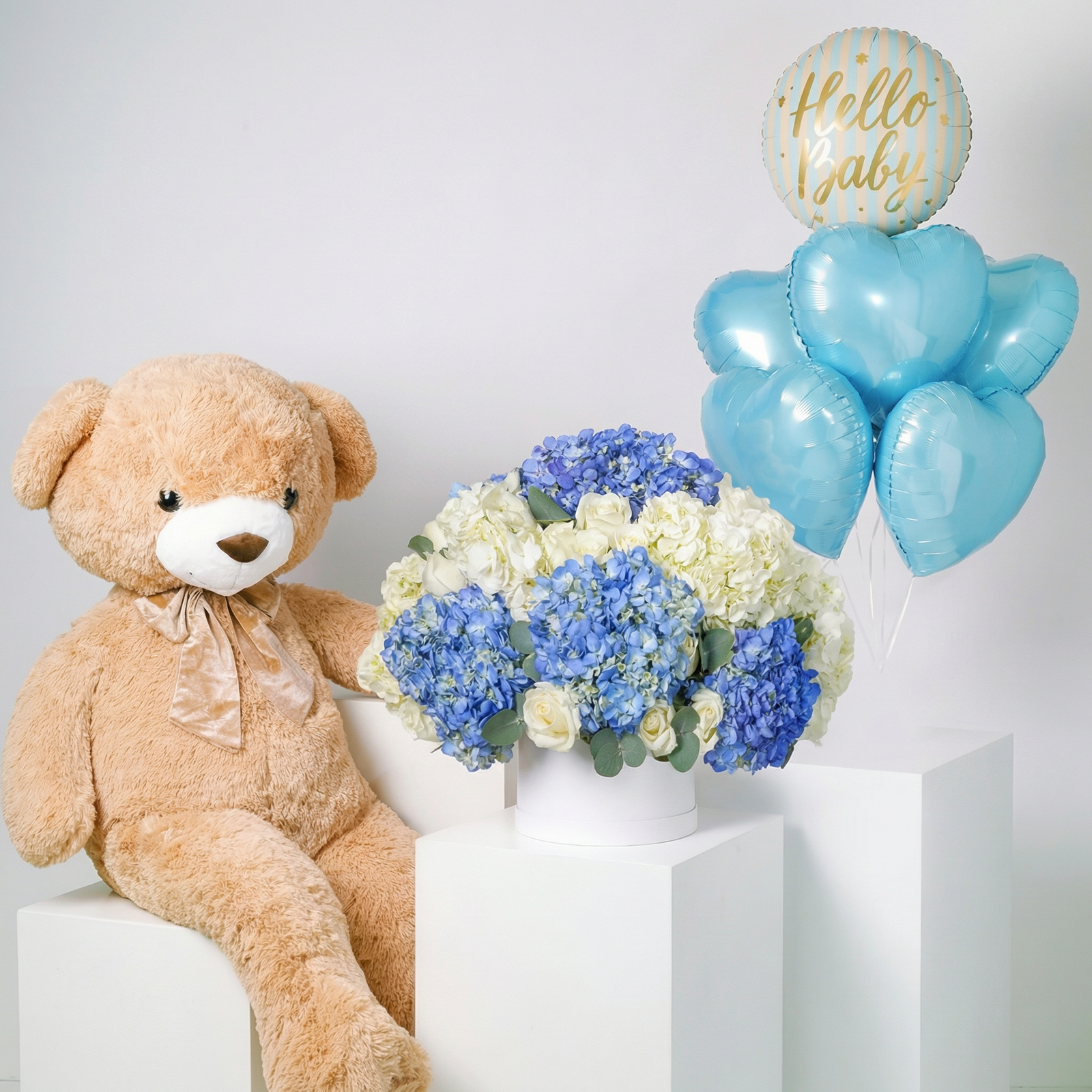 Baby Heavenly Blues Floral Hatbox Gift Set with Teddy Bear & Balloons