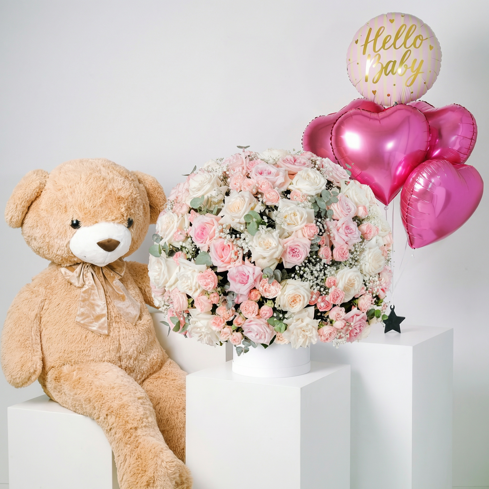 Baby Adelle Hatbox – White & Pink Rose Gift Arrangement