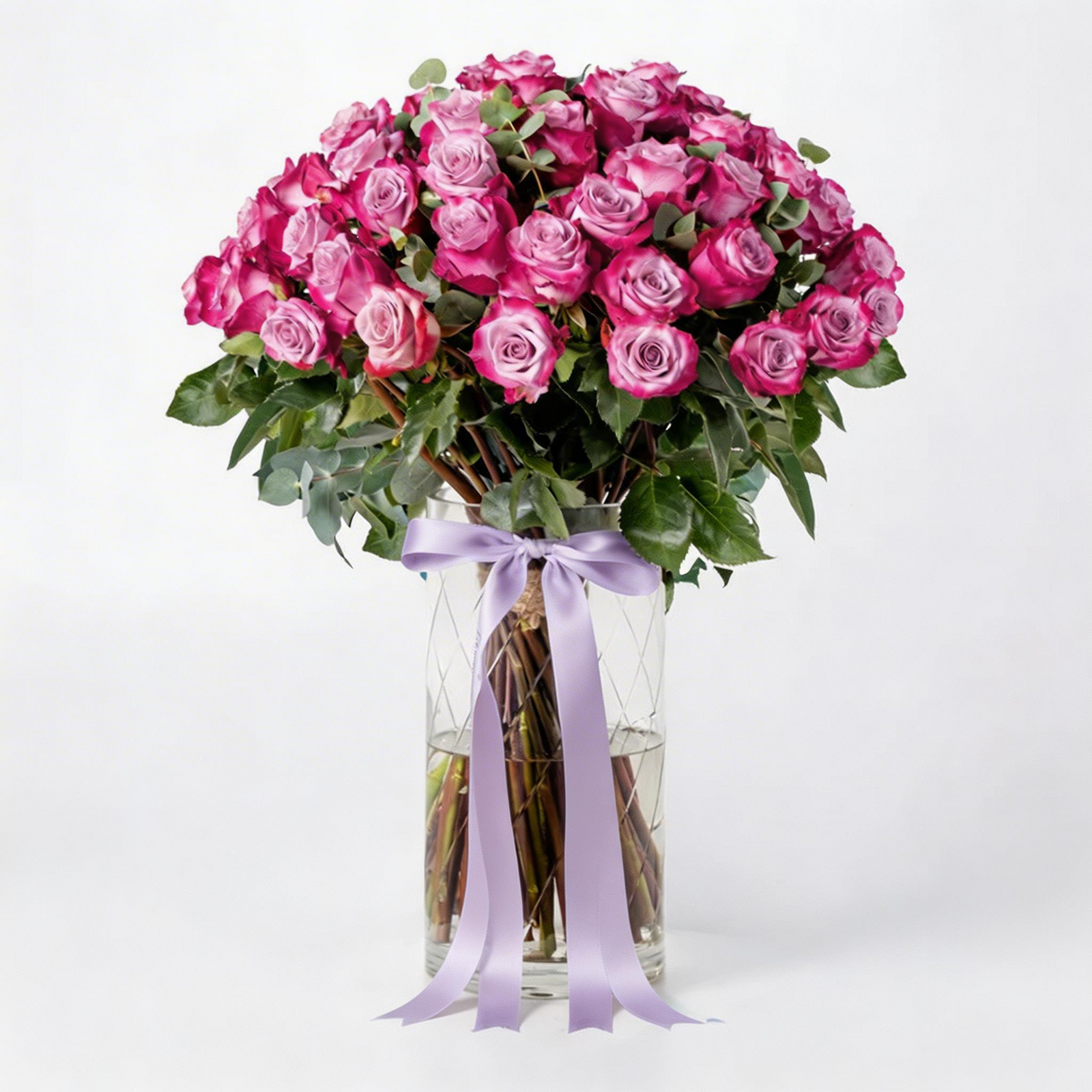 Elegant Vase with 50 Fresh Purple Roses – Premium Floral Arrangement