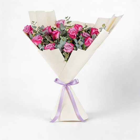 Elegant Dozen Purple Roses Bouquet with Fresh Greenery