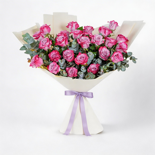 Elegant Bouquet of 25 Fresh Purple Roses with Greenery