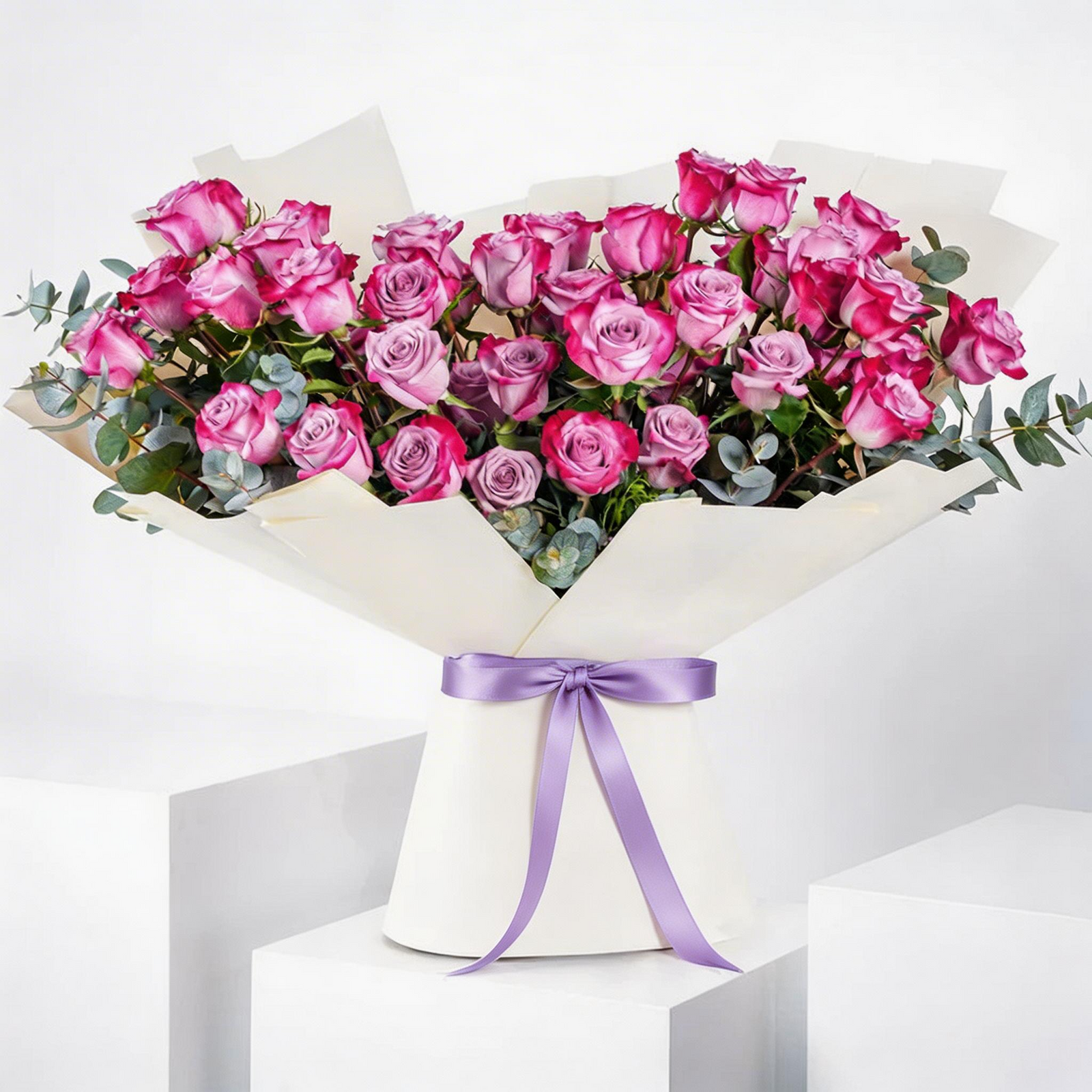 50 Long-Stem Purple Roses Hand-Tied Floral Bouquet
