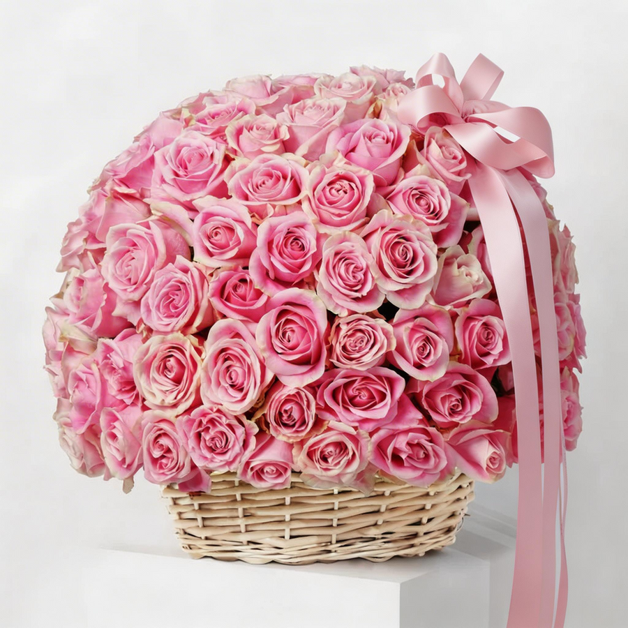 Luxury 100 Pink Roses Flower Basket