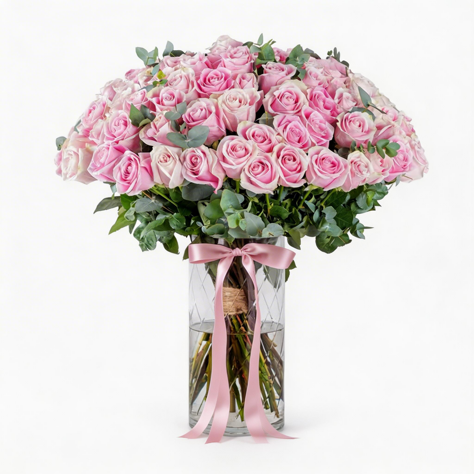Luxury Vase with 100 Fresh Pink Roses – Elegant Floral Arrangement