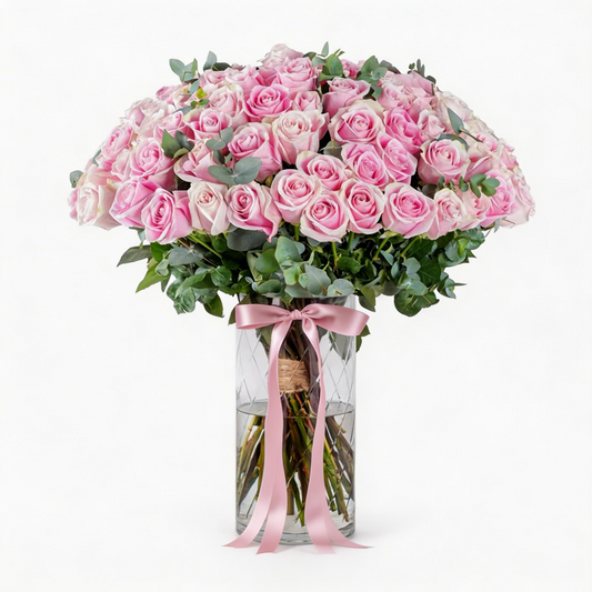 Luxury Vase with 100 Fresh Pink Roses – Elegant Floral Arrangement
