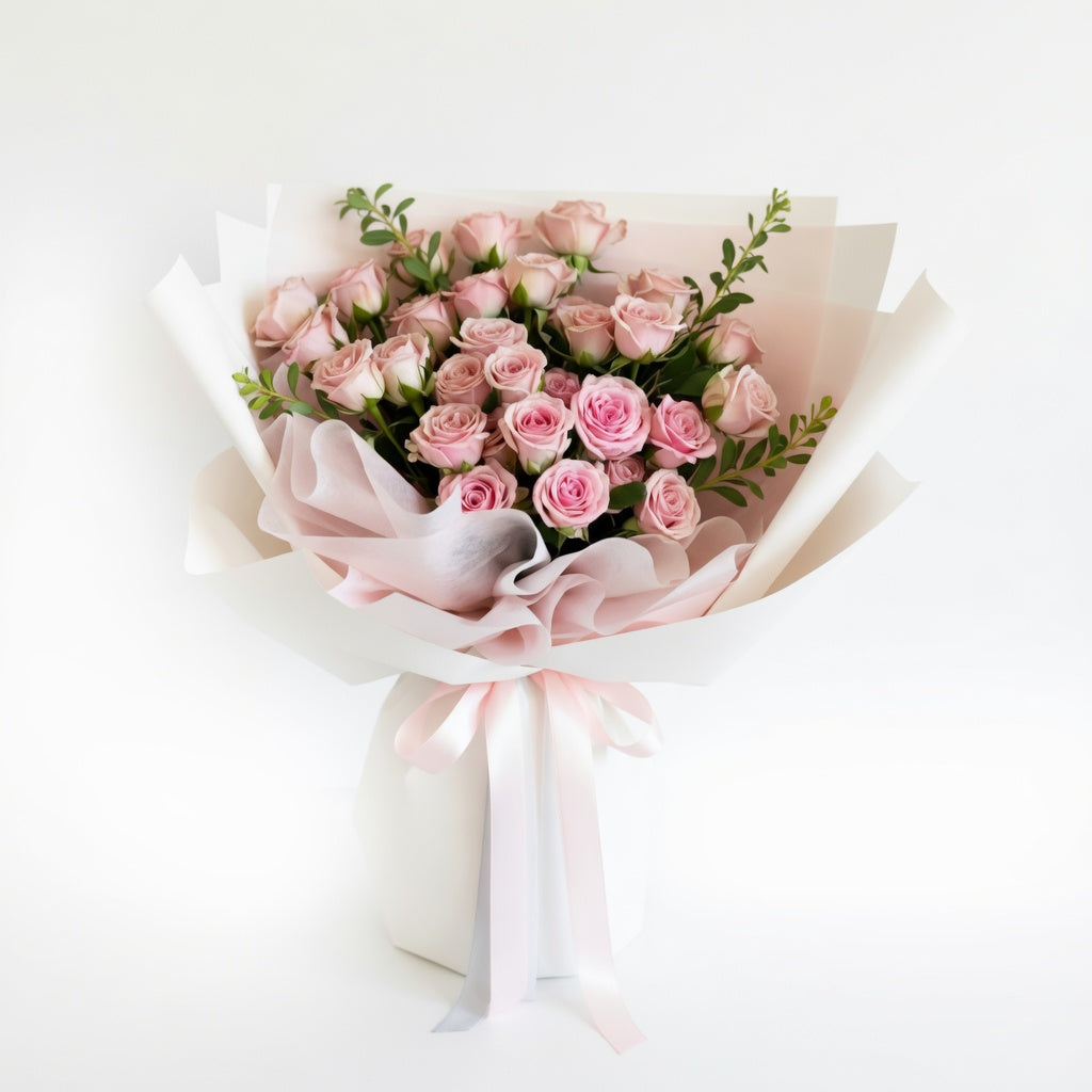 Pink Baby Rose Bouquet with premium white wrapping – Same Day Flower Delivery Kuwait