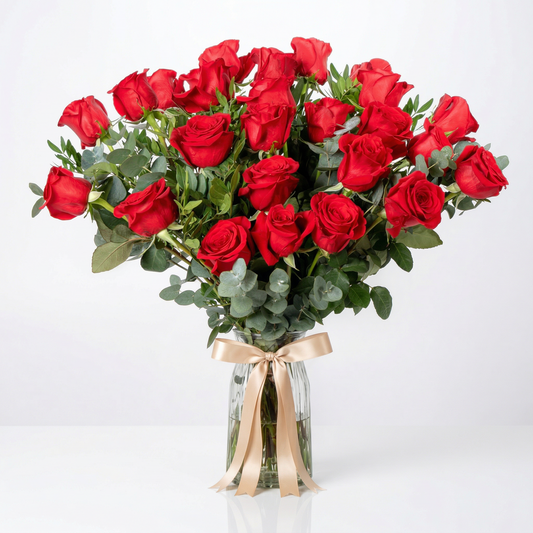 25 Fresh Red Roses in Vase