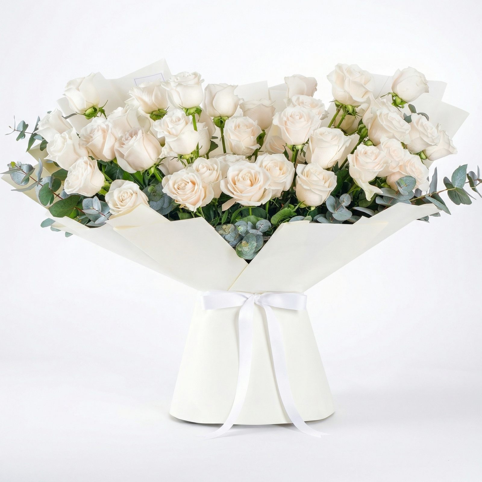Elegant Hand-Tied Bouquet of 50 Long-Stemmed White Roses