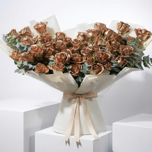 Golden Elegance – 50 Hand-Finished Long Stem Roses Bouquet