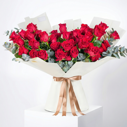 Golden Milestone Bouquet – 50 Crimson Rose Arrangement