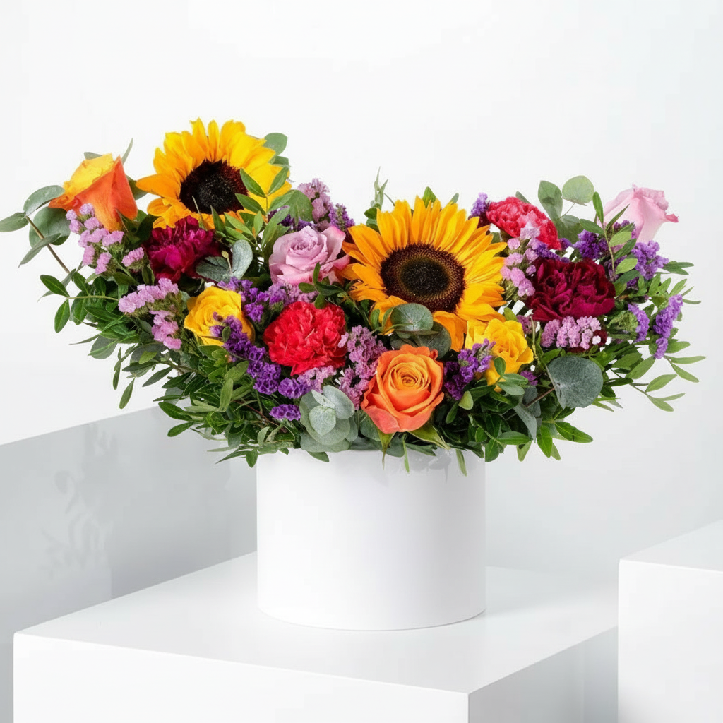 Petite Sunflower Bliss Floral Hatbox Arrangement