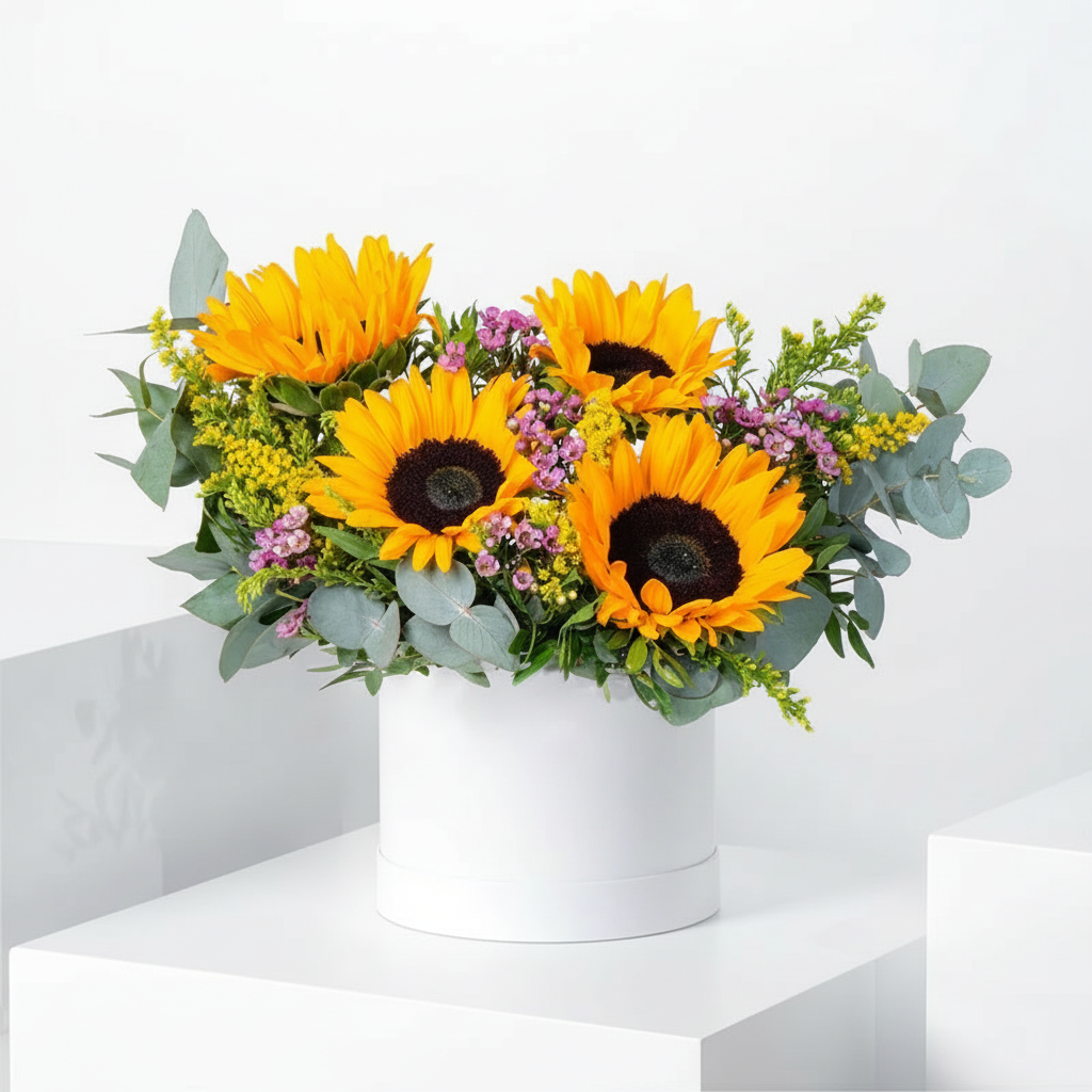 Floral arrangement with sunflowers in a white box on a white background