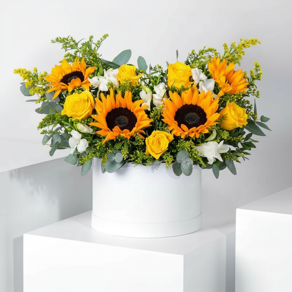Golden Glow Floral Hatbox Arrangement
