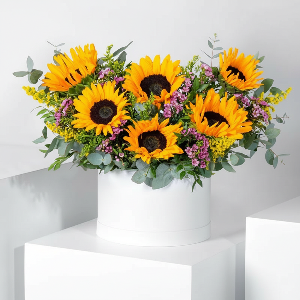 Bouquet of sunflowers and greenery in a white container on a white background