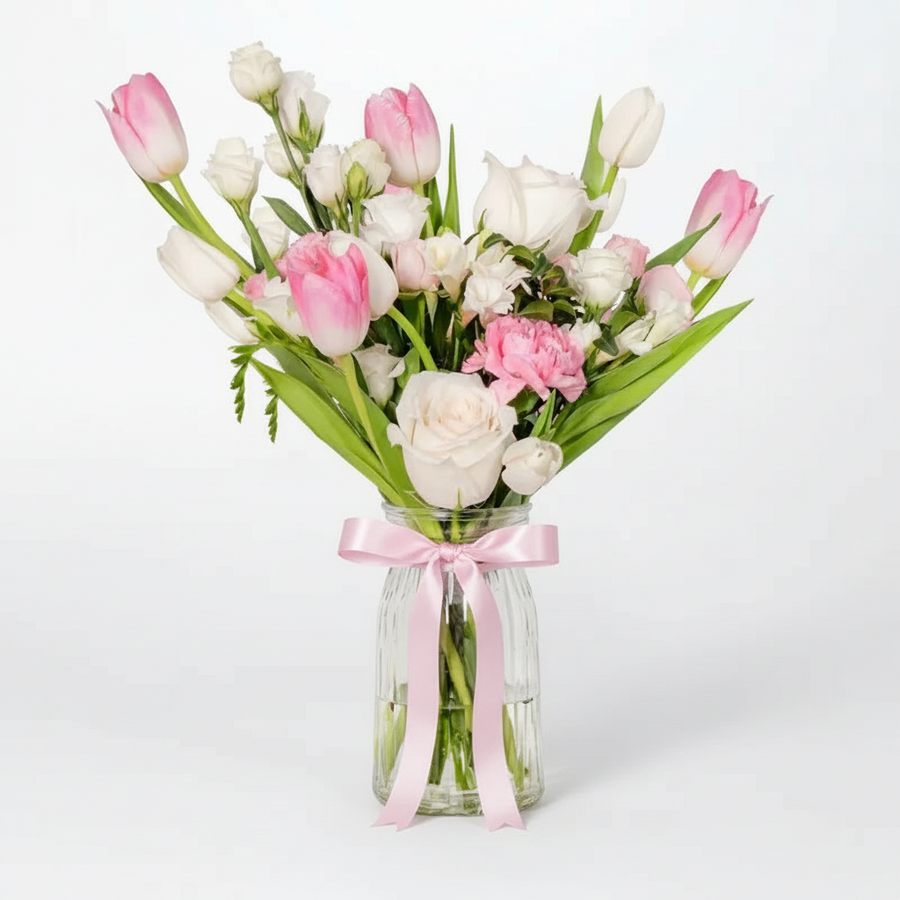 Blush Pastel Tulip & Rose Arrangement in Glass Vase