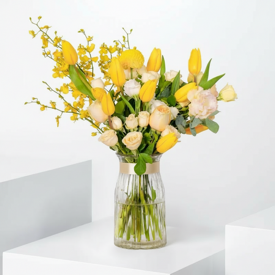 Golden Morning Tulips & Mixed Blooms in Glass Vase