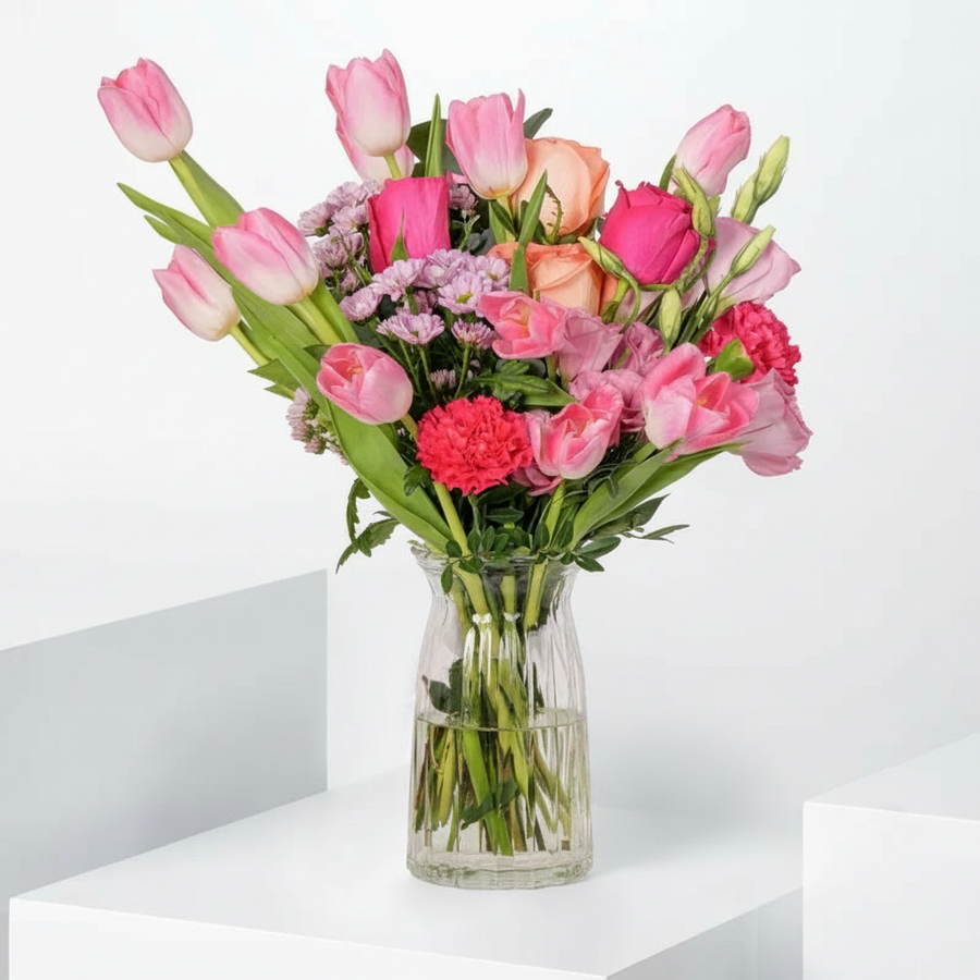 Colorburst Tulips & Roses Arrangement in Glass Vase