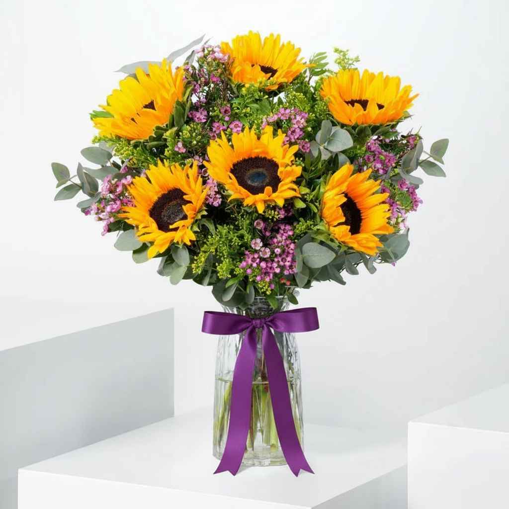 Golden Sunflower Bloom Glass Vase Arrangement