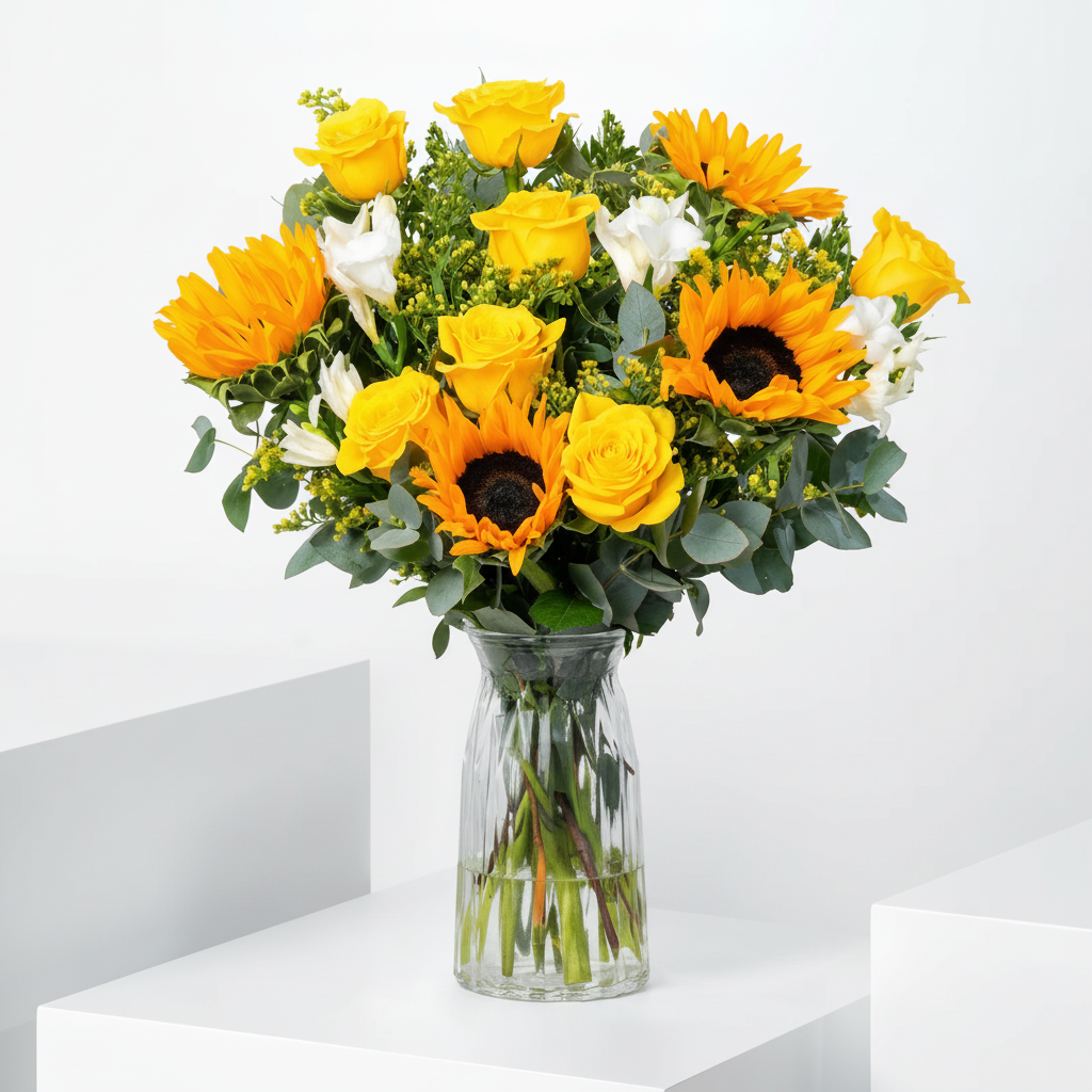 Golden Glow Floral Arrangement in Glass Vase
