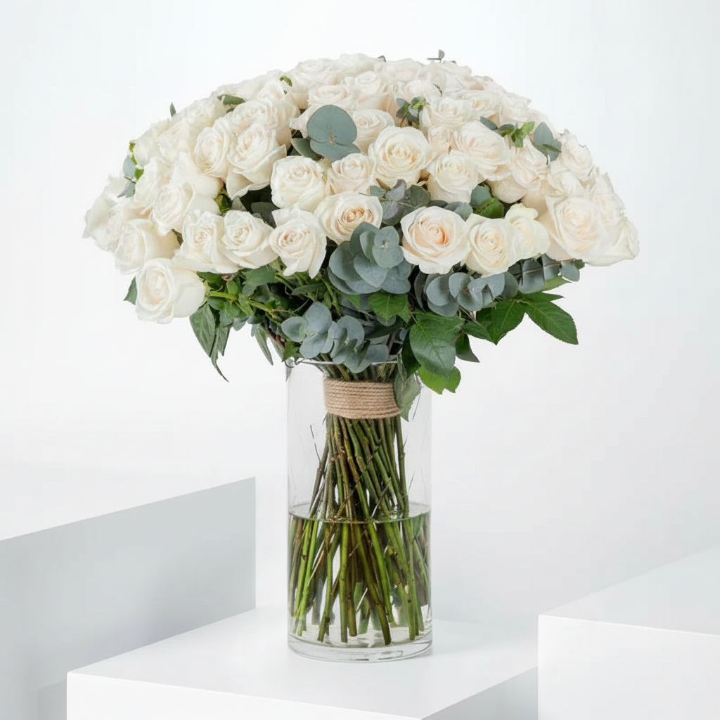 Elegant Arrangement of 100 Premium White Roses in Vase