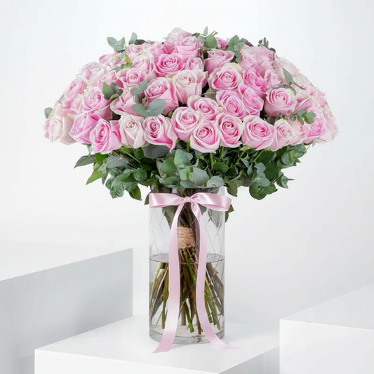 Luxury Pink Roses Vase Arrangement 100 Fresh Roses