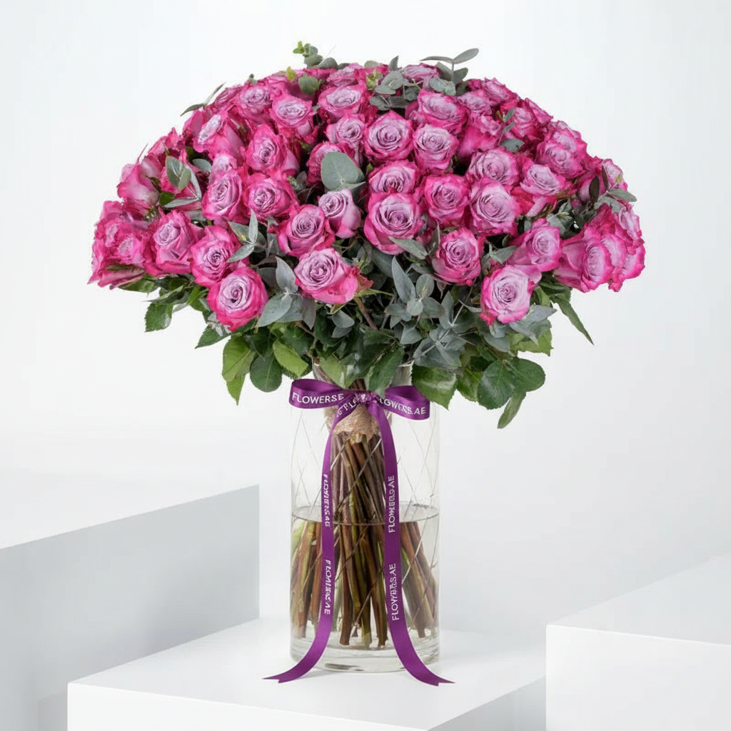 Luxury Vase Arrangement with 100 Premium Purple Roses
