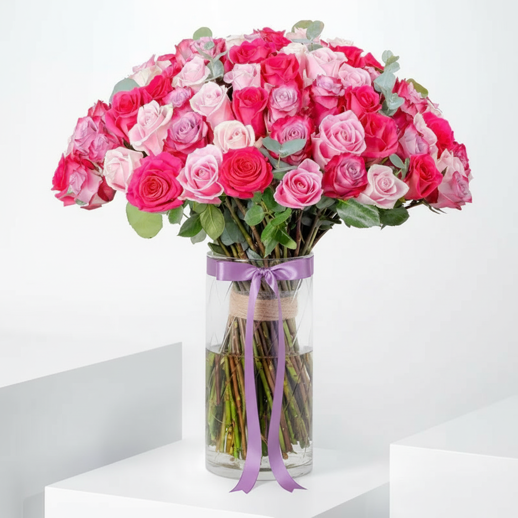 Luxury Blush Rose Arrangement in Elegant Vase – 100 Stems