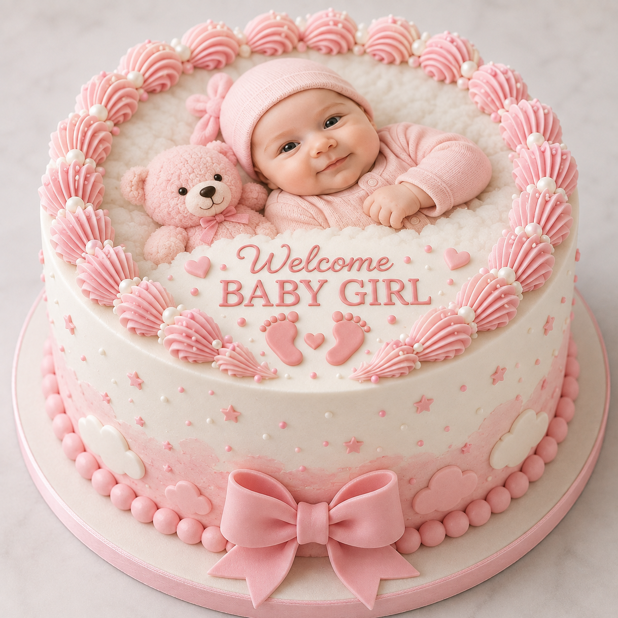 Welcome Baby Girl 3D cake with teddy bear, pink bow and pink cream decorations