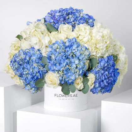Blue Hydrangea & White Rose Luxury Flower Box