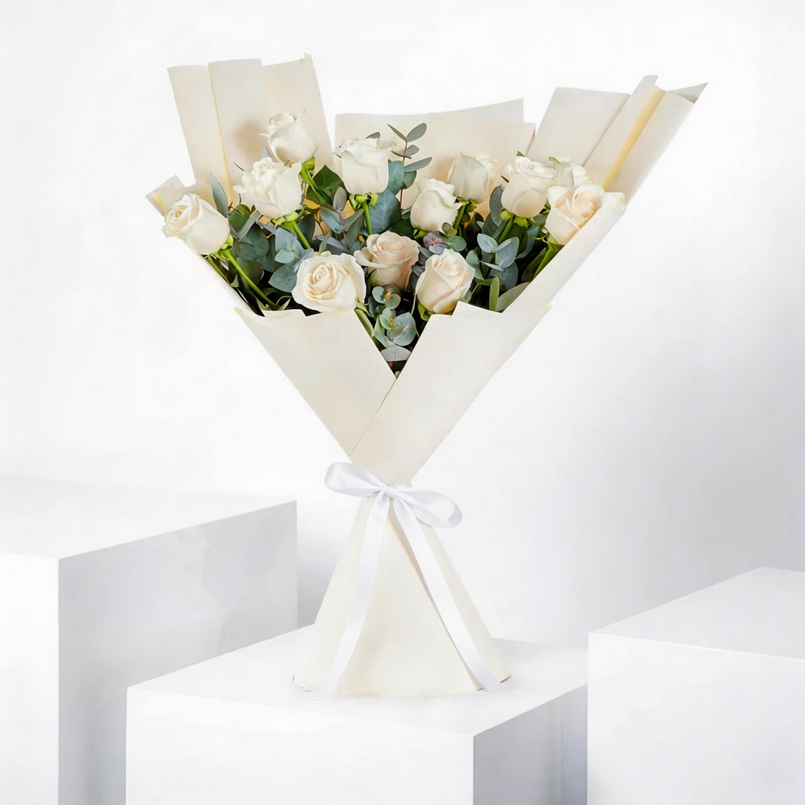 Elegant Bouquet of 12 Fresh White Roses with Greenery