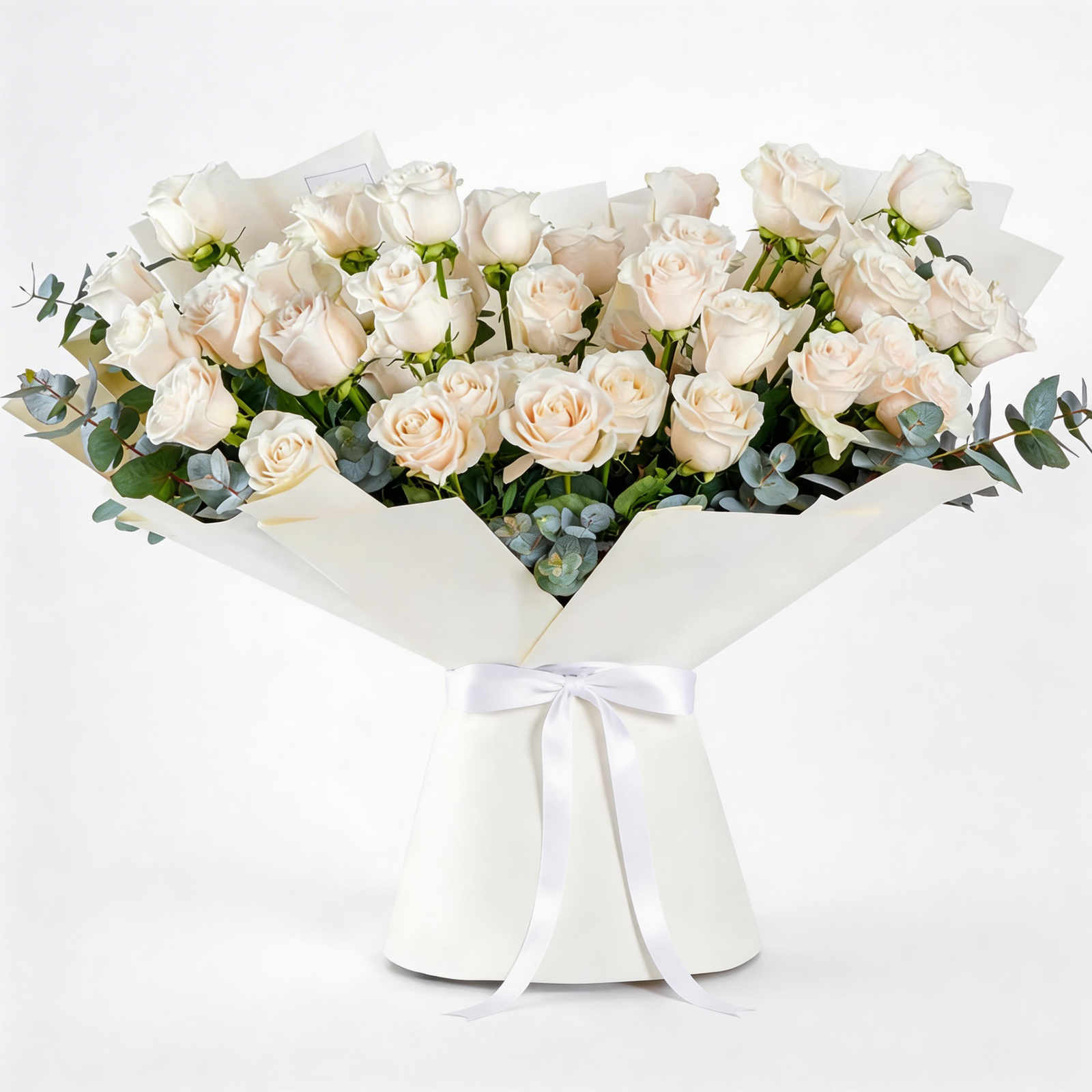 Elegant Hand-Tied Bouquet of 50 Long-Stem White Roses