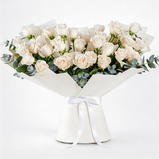 Elegant Hand-Tied Bouquet of 50 Long-Stem White Roses