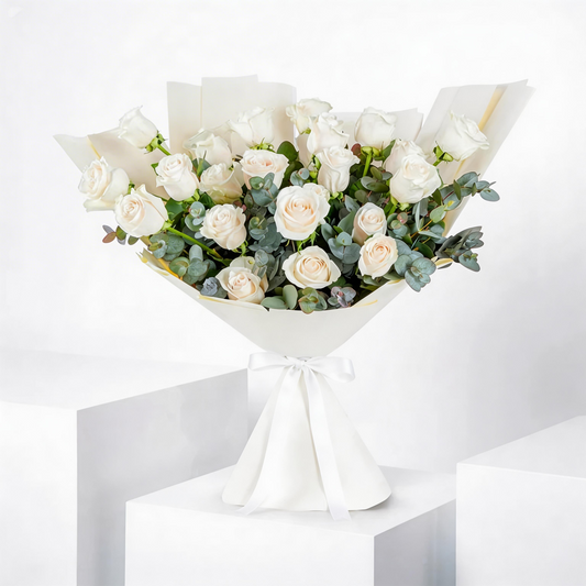 Elegant Bouquet of 25 Fresh White Roses with Greenery