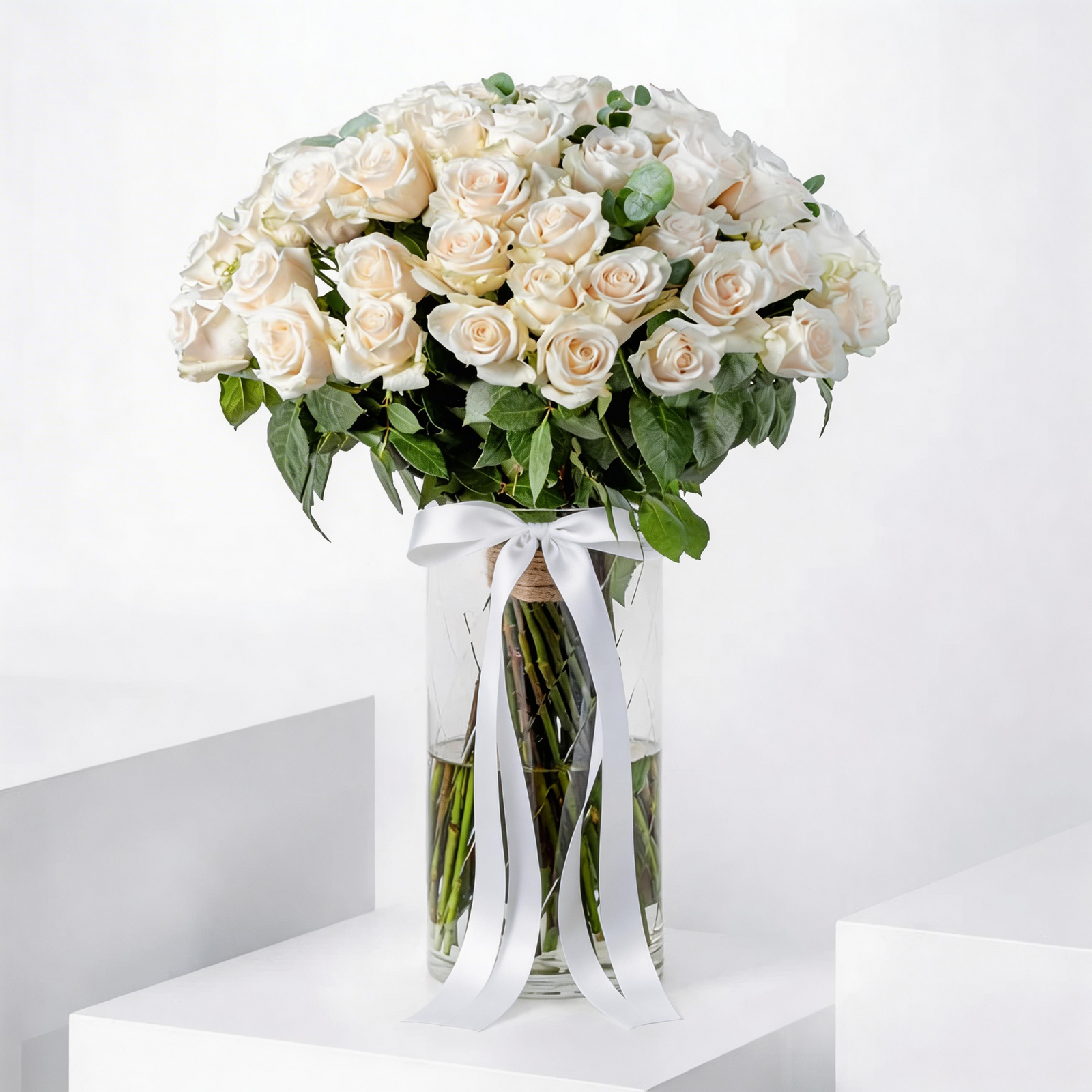 Luxurious 50 White Roses in a Vase