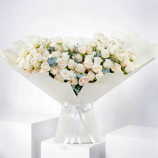 Elegant Hand-Tied Bouquet of 200 Long-Stem White Roses