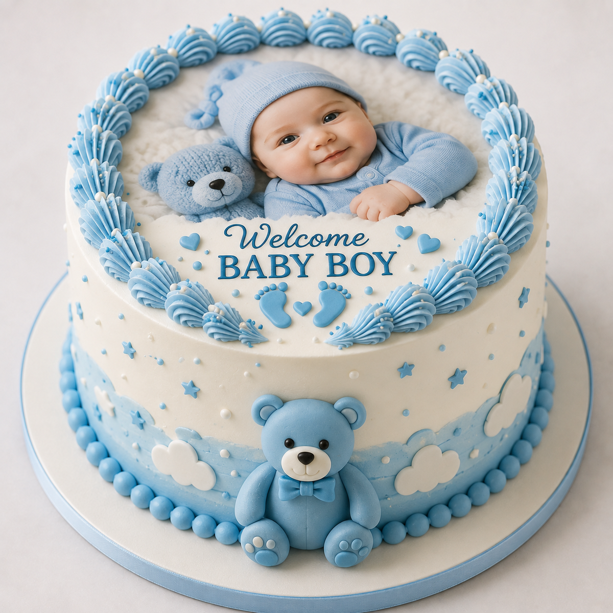 Welcome Baby Boy 3D cake with teddy bear, blue and white baby decorations