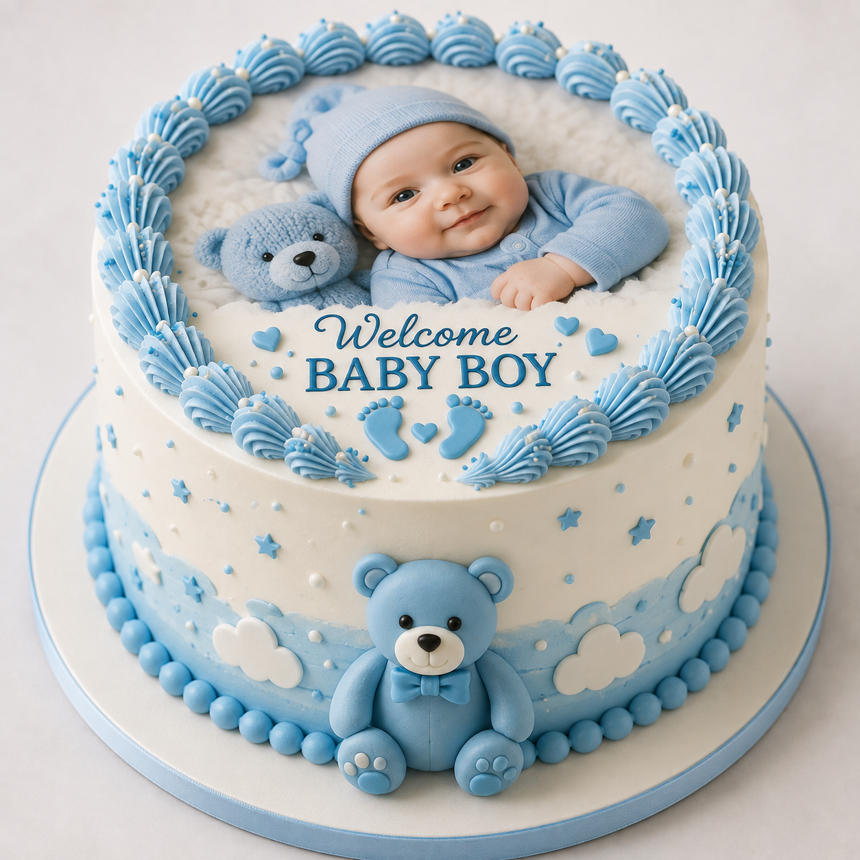 Welcome Baby Boy 3D cake with teddy bear, blue and white baby decorations