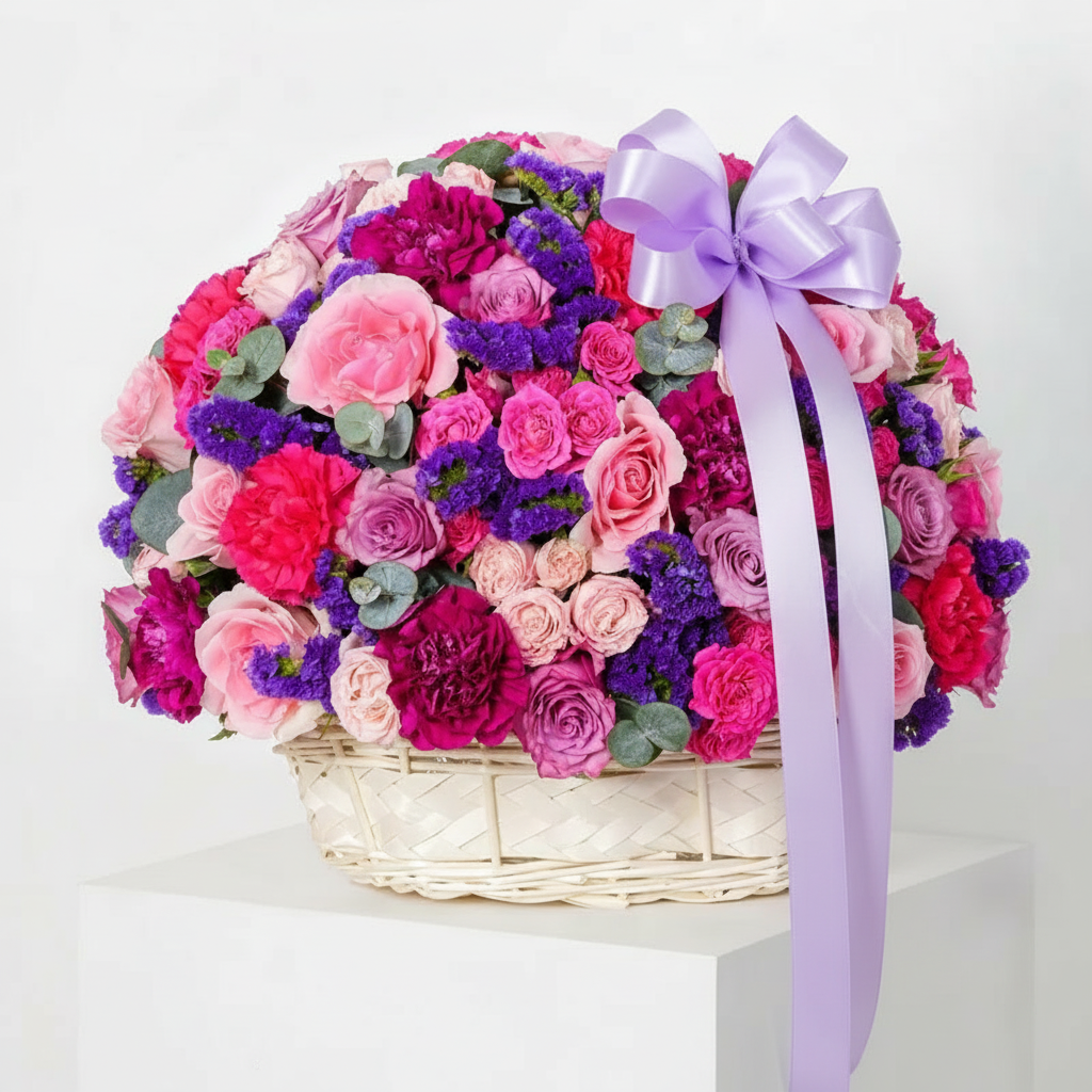 Arianna Floral Basket Arrangement in Purple & Fuchsia Tones
