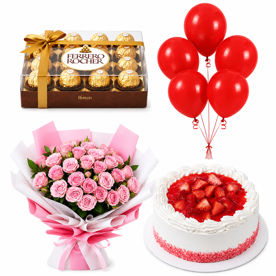 Birthday gift combo with 10 pink baby roses, 16 Ferrero Rocher chocolates, strawberry cake and 5 red helium balloons. Same-day delivery in Kuwait.
